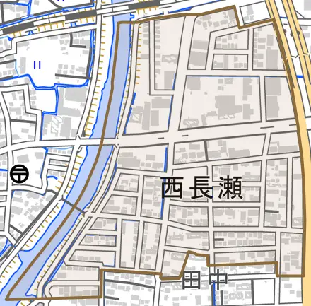 西長瀬とその周辺の地図。町の範囲を重ねている
