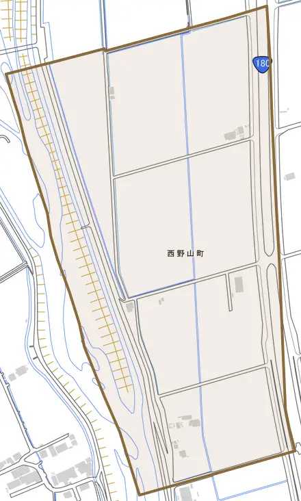 西野山町とその周辺の地図。町の範囲を重ねている