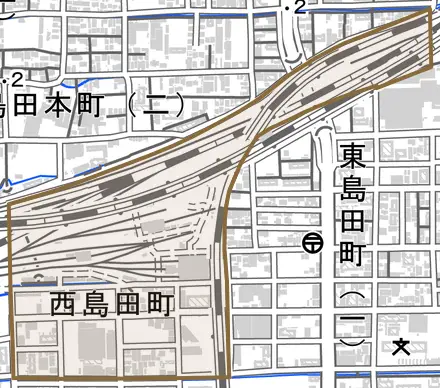 西島田町とその周辺の地図。町の範囲を重ねている