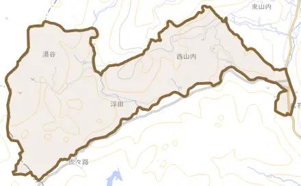 西山内とその周辺の地図。町の範囲を重ねている