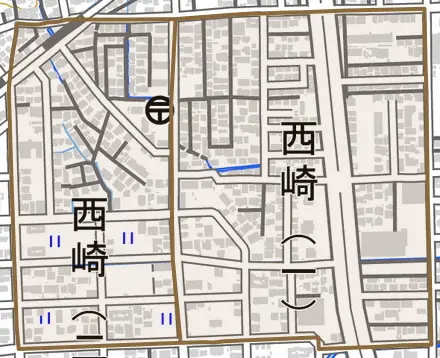 西崎とその周辺の地図。町の範囲を重ねている