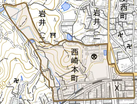 西崎本町とその周辺の地図。町の範囲を重ねている