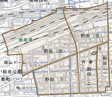 野田とその周辺の地図。町の範囲を重ねている