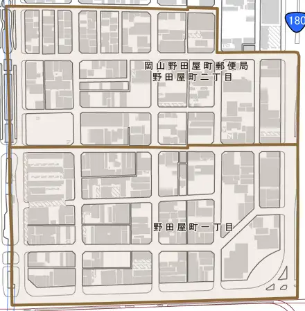野田屋町とその周辺の地図。町の範囲を重ねている