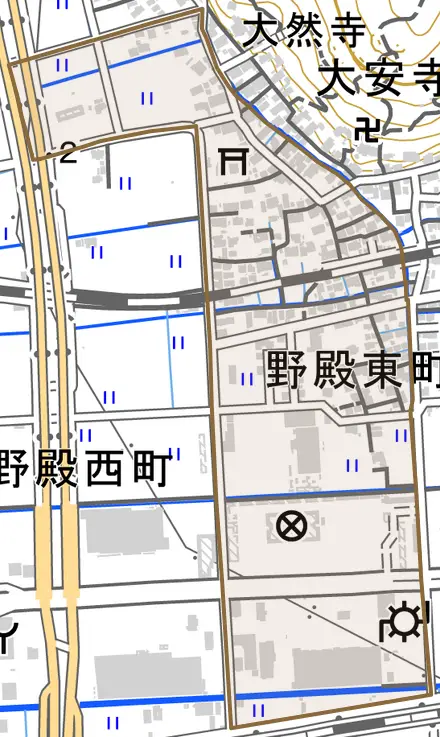 野殿東町とその周辺の地図。町の範囲を重ねている