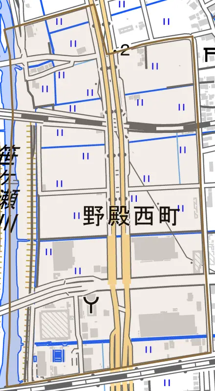 野殿西町とその周辺の地図。町の範囲を重ねている
