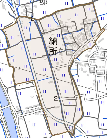 納所とその周辺の地図。町の範囲を重ねている