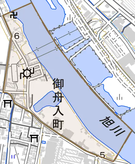 御舟入町とその周辺の地図。町の範囲を重ねている