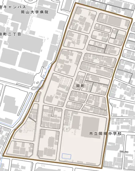 岡町とその周辺の地図。町の範囲を重ねている