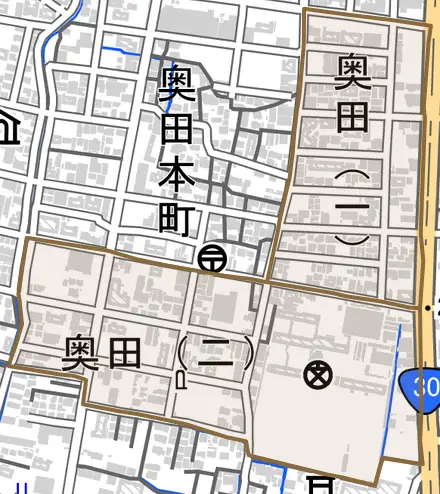奥田とその周辺の地図。町の範囲を重ねている