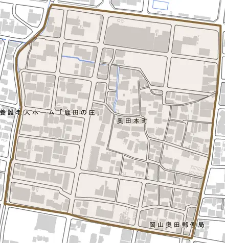 奥田本町とその周辺の地図。町の範囲を重ねている
