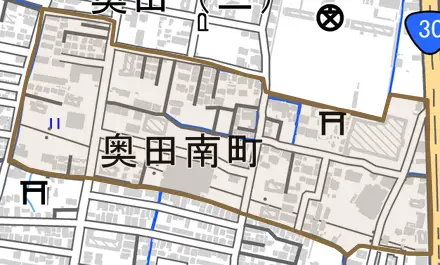 奥田南町とその周辺の地図。町の範囲を重ねている