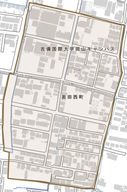 奥田西町とその周辺の地図。町の範囲を重ねている