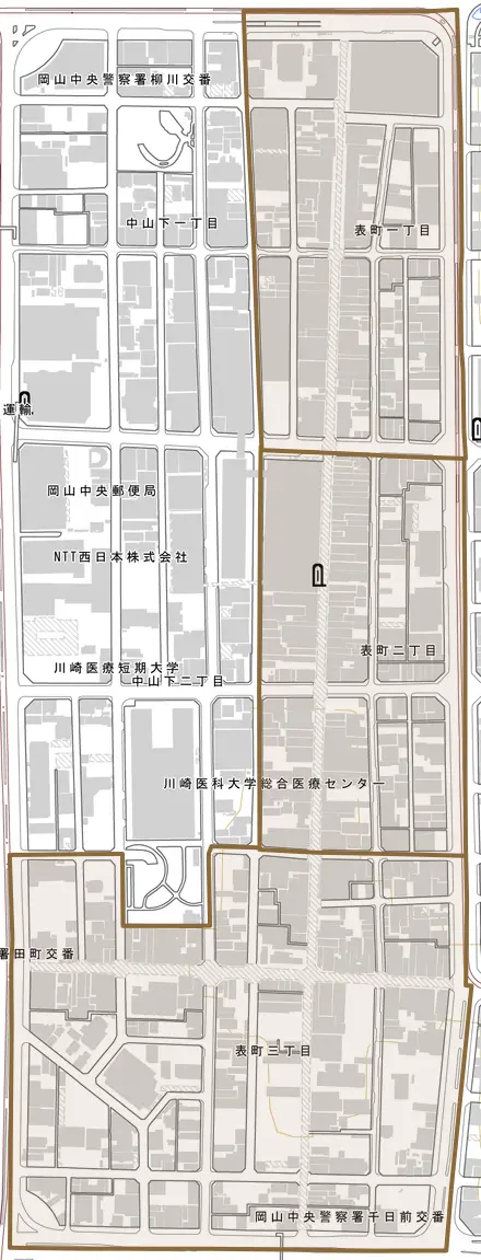 表町とその周辺の地図。町の範囲を重ねている