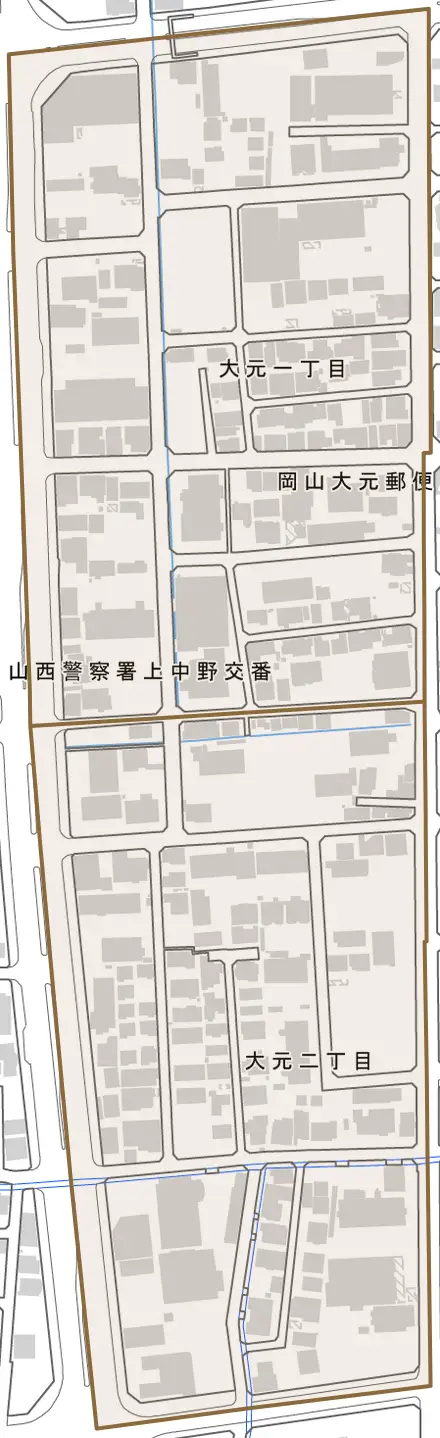 大元とその周辺の地図。町の範囲を重ねている