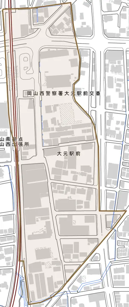 大元駅前とその周辺の地図。町の範囲を重ねている