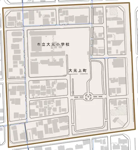 大元上町とその周辺の地図。町の範囲を重ねている