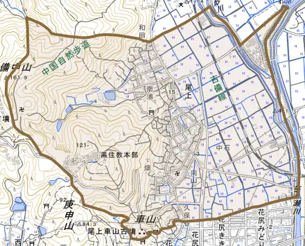 尾上とその周辺の地図。町の範囲を重ねている
