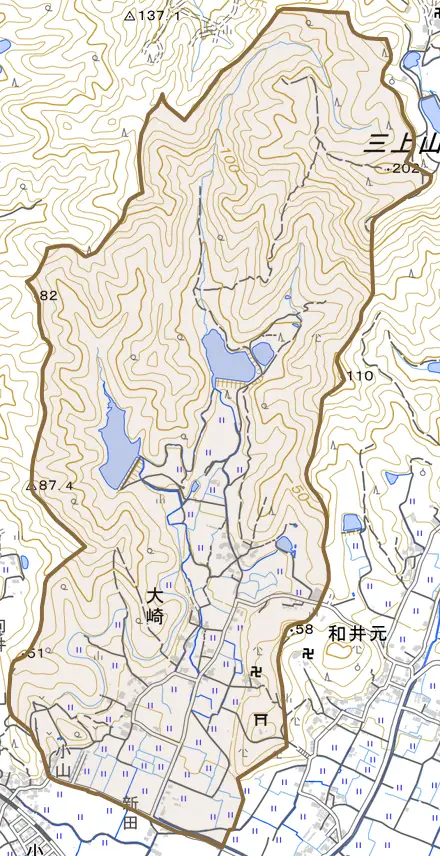 大崎とその周辺の地図。町の範囲を重ねている