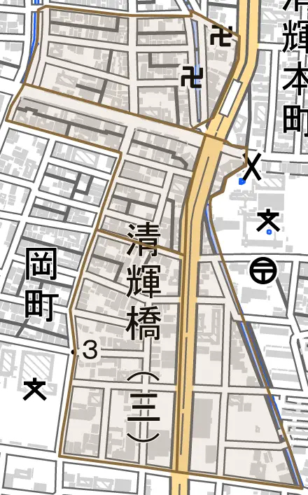 清輝橋とその周辺の地図。町の範囲を重ねている