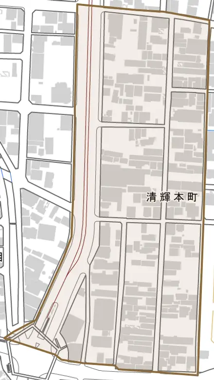 清輝本町とその周辺の地図。町の範囲を重ねている