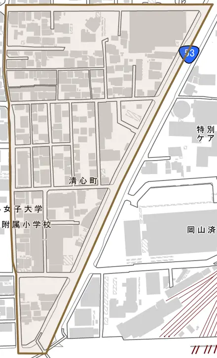 清心町とその周辺の地図。町の範囲を重ねている