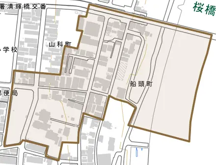 船頭町とその周辺の地図。町の範囲を重ねている