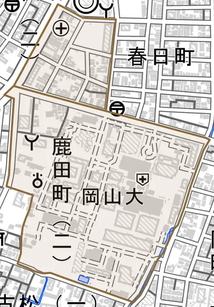 鹿田町とその周辺の地図。町の範囲を重ねている