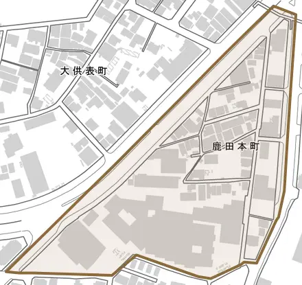 鹿田本町とその周辺の地図。町の範囲を重ねている