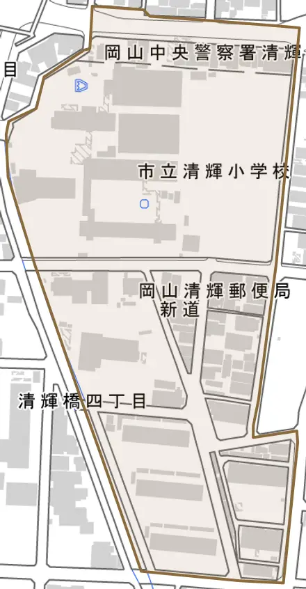 新道とその周辺の地図。町の範囲を重ねている
