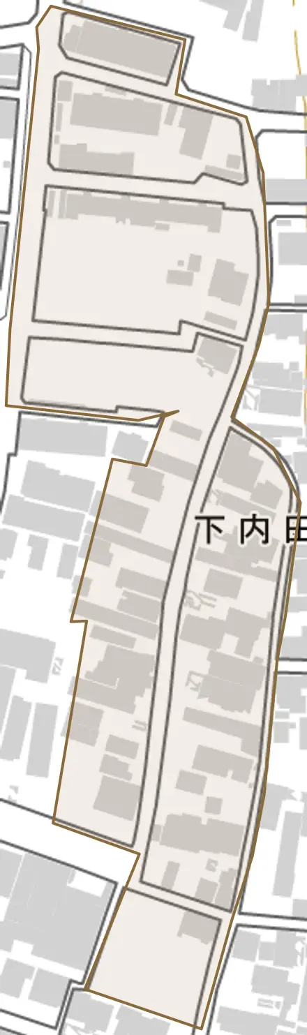下内田町とその周辺の地図。町の範囲を重ねている