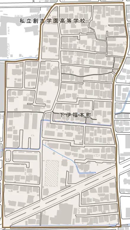 下伊福本町とその周辺の地図。町の範囲を重ねている