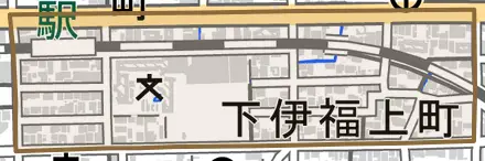 下伊福上町とその周辺の地図。町の範囲を重ねている