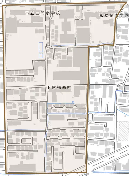 下伊福西町とその周辺の地図。町の範囲を重ねている