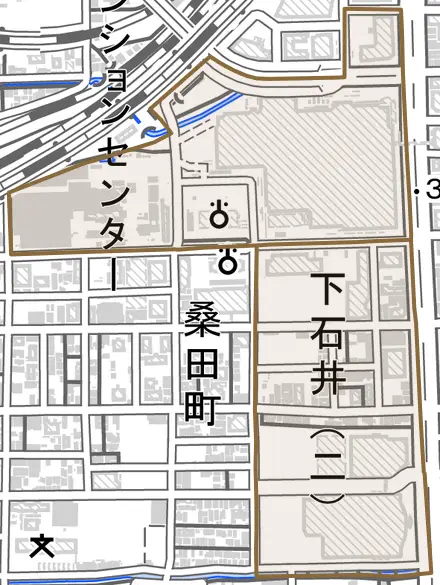 下石井とその周辺の地図。町の範囲を重ねている
