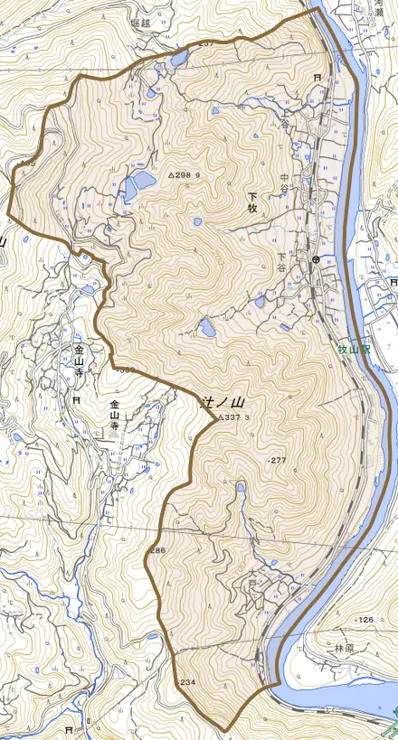 下牧とその周辺の地図。町の範囲を重ねている