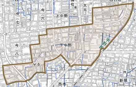 下中野とその周辺の地図。町の範囲を重ねている