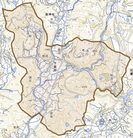 下高田とその周辺の地図。町の範囲を重ねている