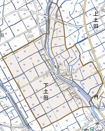 下土田とその周辺の地図。町の範囲を重ねている