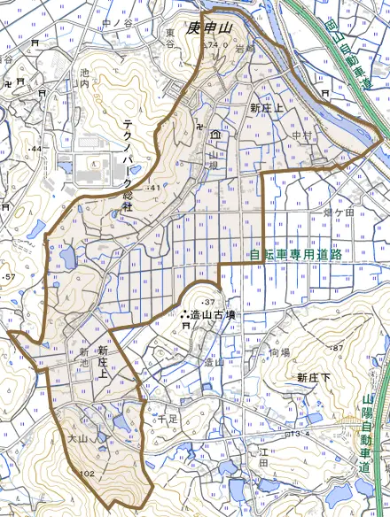 新庄上とその周辺の地図。町の範囲を重ねている