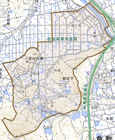 新庄下とその周辺の地図。町の範囲を重ねている