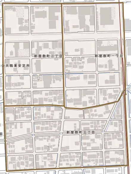 新屋敷町とその周辺の地図。町の範囲を重ねている