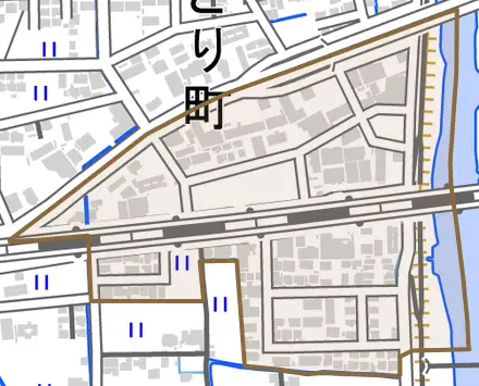 白石東新町とその周辺の地図。町の範囲を重ねている