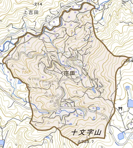 庄田とその周辺の地図。町の範囲を重ねている