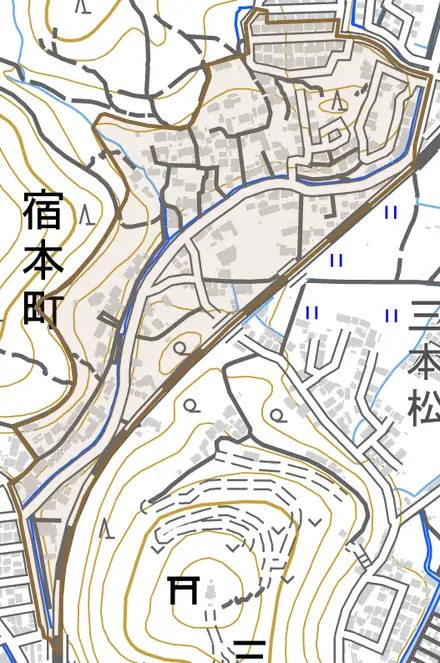 宿本町とその周辺の地図。町の範囲を重ねている