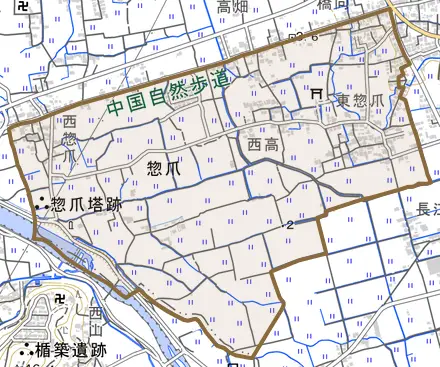 惣爪とその周辺の地図。町の範囲を重ねている