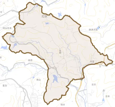 菅野とその周辺の地図。町の範囲を重ねている