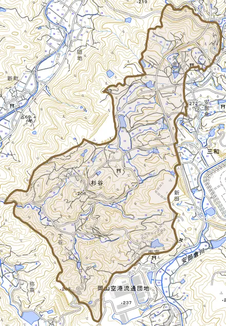 杉谷とその周辺の地図。町の範囲を重ねている