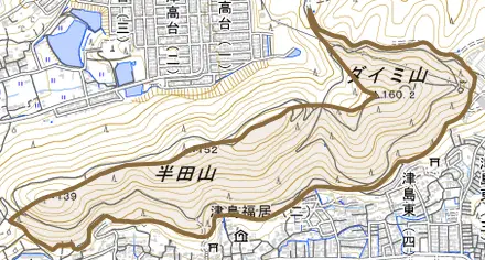 津島とその周辺の地図。町の範囲を重ねている