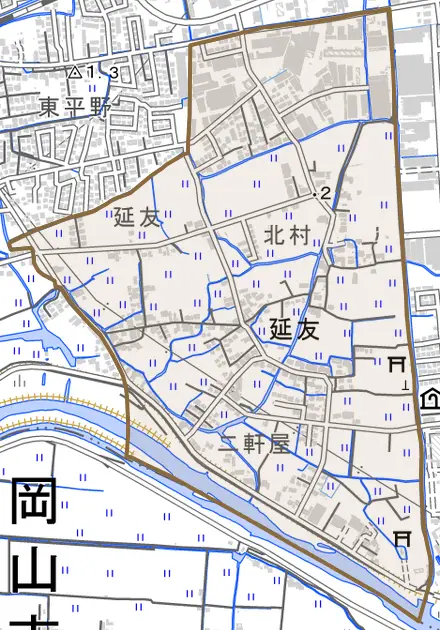 延友とその周辺の地図。町の範囲を重ねている